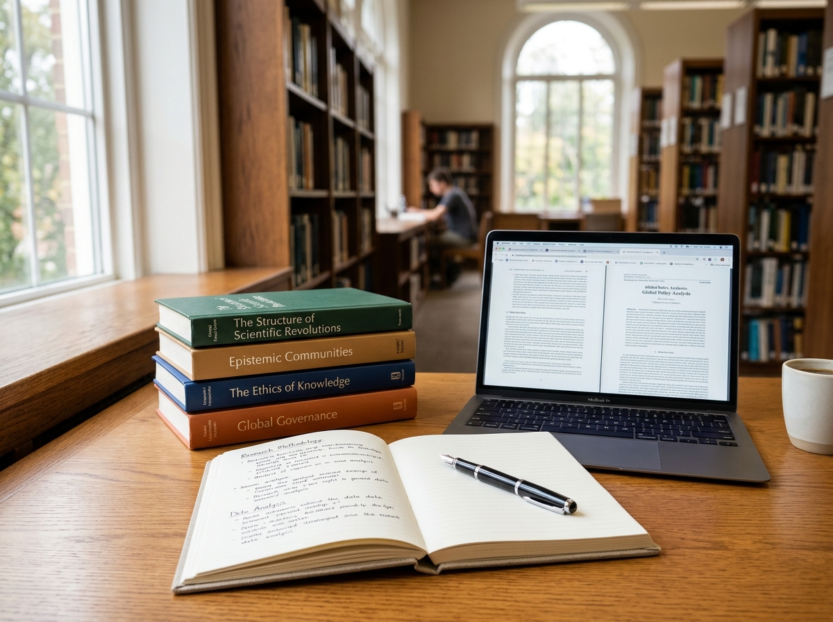 Scholarly books, research notebook, and laptop open in an academic study setting